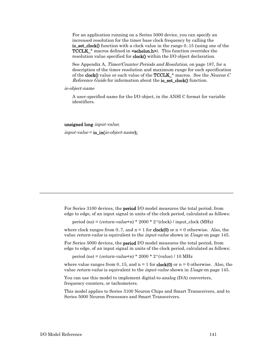 Period input, Usage, Example | Echelon I/O Model Reference for Smart Transceivers and Neuron Chips User Manual | Page 151 / 209