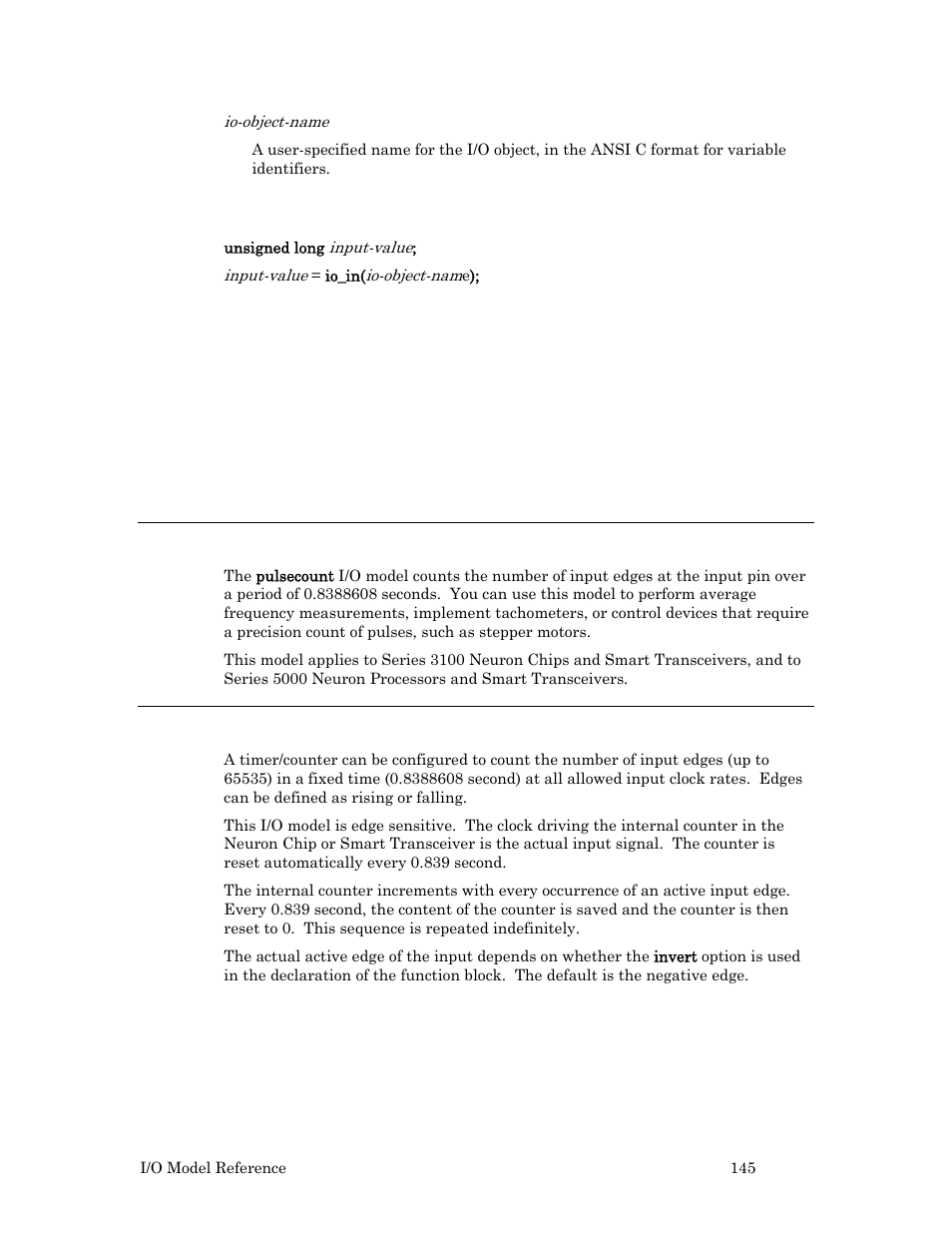 Pulsecount input, Hardware considerations, Usage | Example, Ge 145 | Echelon I/O Model Reference for Smart Transceivers and Neuron Chips User Manual | Page 155 / 209