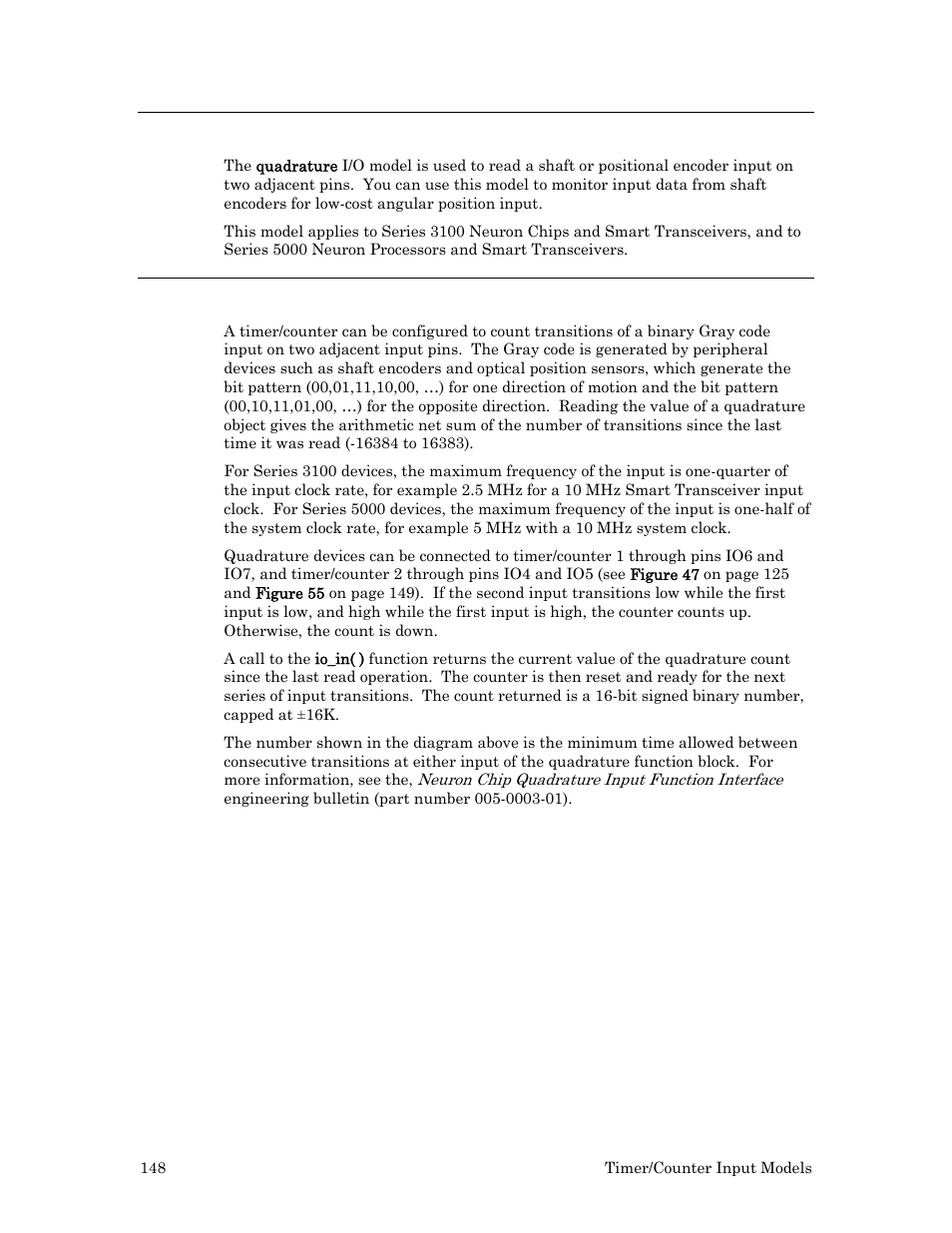 Quadrature input, Hardware considerations | Echelon I/O Model Reference for Smart Transceivers and Neuron Chips User Manual | Page 158 / 209