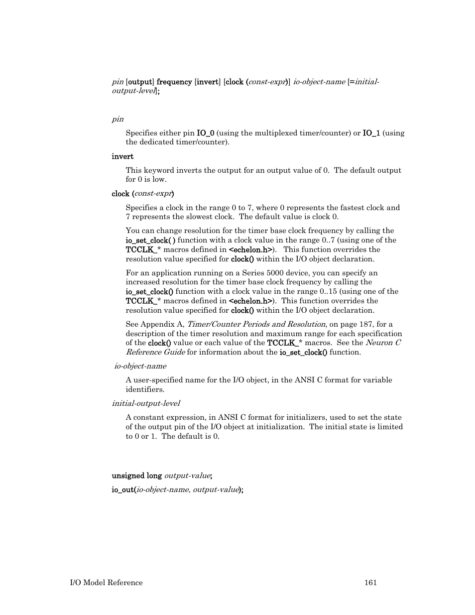 Syntax, Usage, Example | Echelon I/O Model Reference for Smart Transceivers and Neuron Chips User Manual | Page 171 / 209