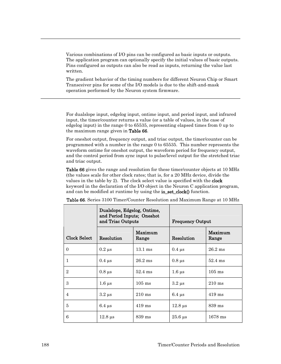 Timer/counter resolution and maximum range, Series 3100 resolution and range, Ge 188 | Timer/counter, Resolution and maximum range, This mod, Ge 188 (see | Echelon I/O Model Reference for Smart Transceivers and Neuron Chips User Manual | Page 198 / 209