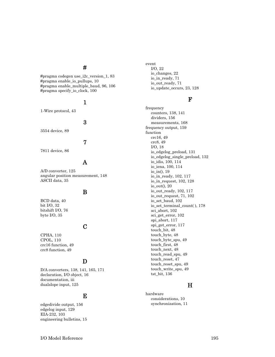 Index | Echelon I/O Model Reference for Smart Transceivers and Neuron Chips User Manual | Page 205 / 209