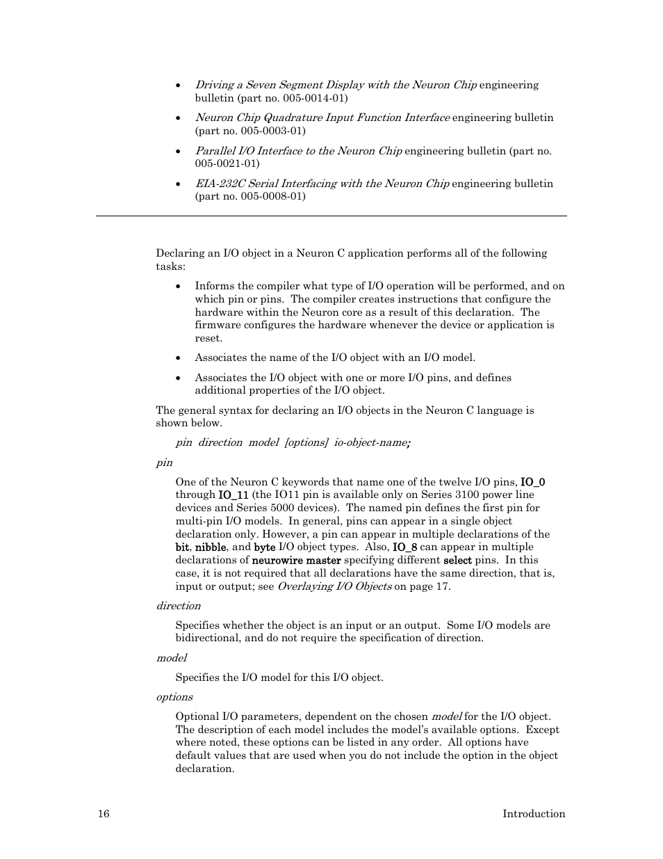 Declaring i/o objects in neuron c | Echelon I/O Model Reference for Smart Transceivers and Neuron Chips User Manual | Page 26 / 209