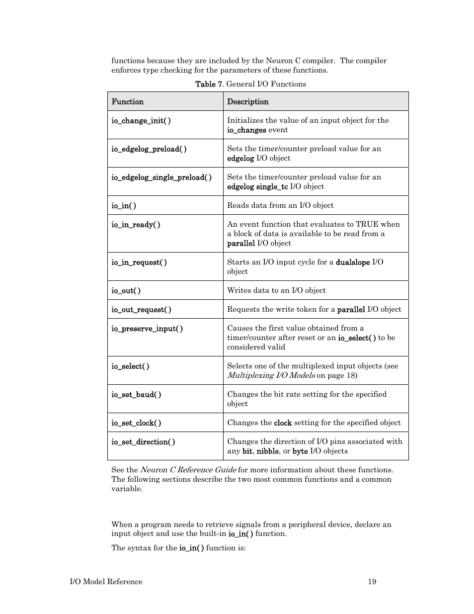 Io_in( ) function | Echelon I/O Model Reference for Smart Transceivers and Neuron Chips User Manual | Page 29 / 209