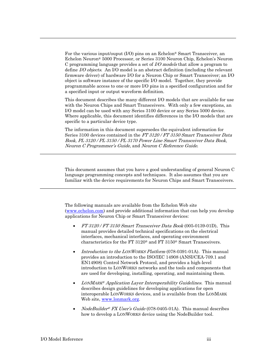 Welcome, Audience, Related documentation | Echelon I/O Model Reference for Smart Transceivers and Neuron Chips User Manual | Page 3 / 209