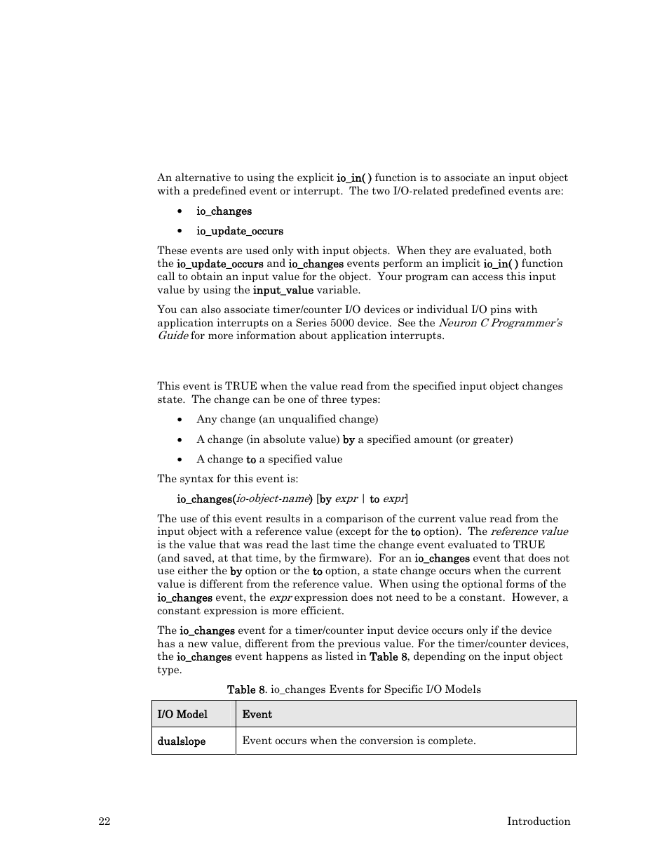 Io_changes event, I/o events, 22 for a descrip | Echelon I/O Model Reference for Smart Transceivers and Neuron Chips User Manual | Page 32 / 209