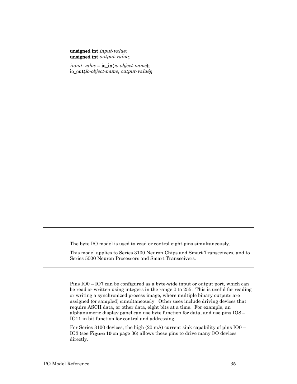 Byte input/output, Hardware considerations, Usage | Bit input example, Bit output example | Echelon I/O Model Reference for Smart Transceivers and Neuron Chips User Manual | Page 45 / 209