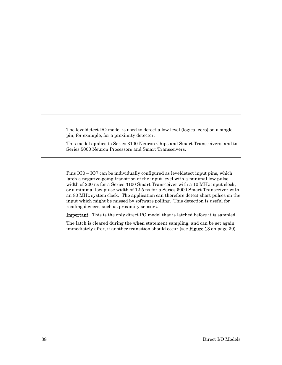 Leveldetect input, Hardware considerations, Byte output example | Echelon I/O Model Reference for Smart Transceivers and Neuron Chips User Manual | Page 48 / 209