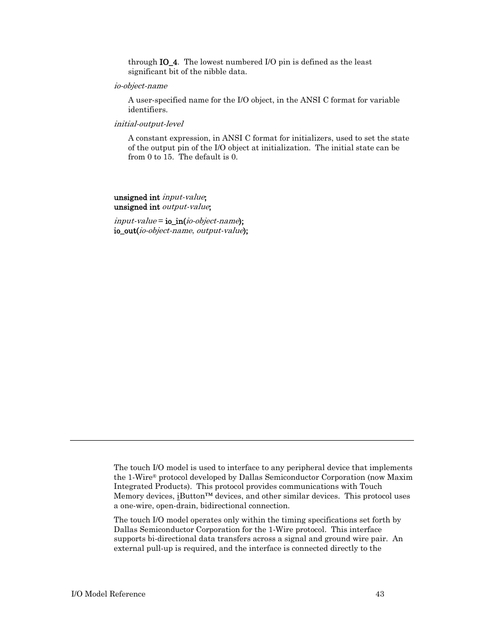 Touch input/output, Usage, Nibble input example | Nibble output example | Echelon I/O Model Reference for Smart Transceivers and Neuron Chips User Manual | Page 53 / 209