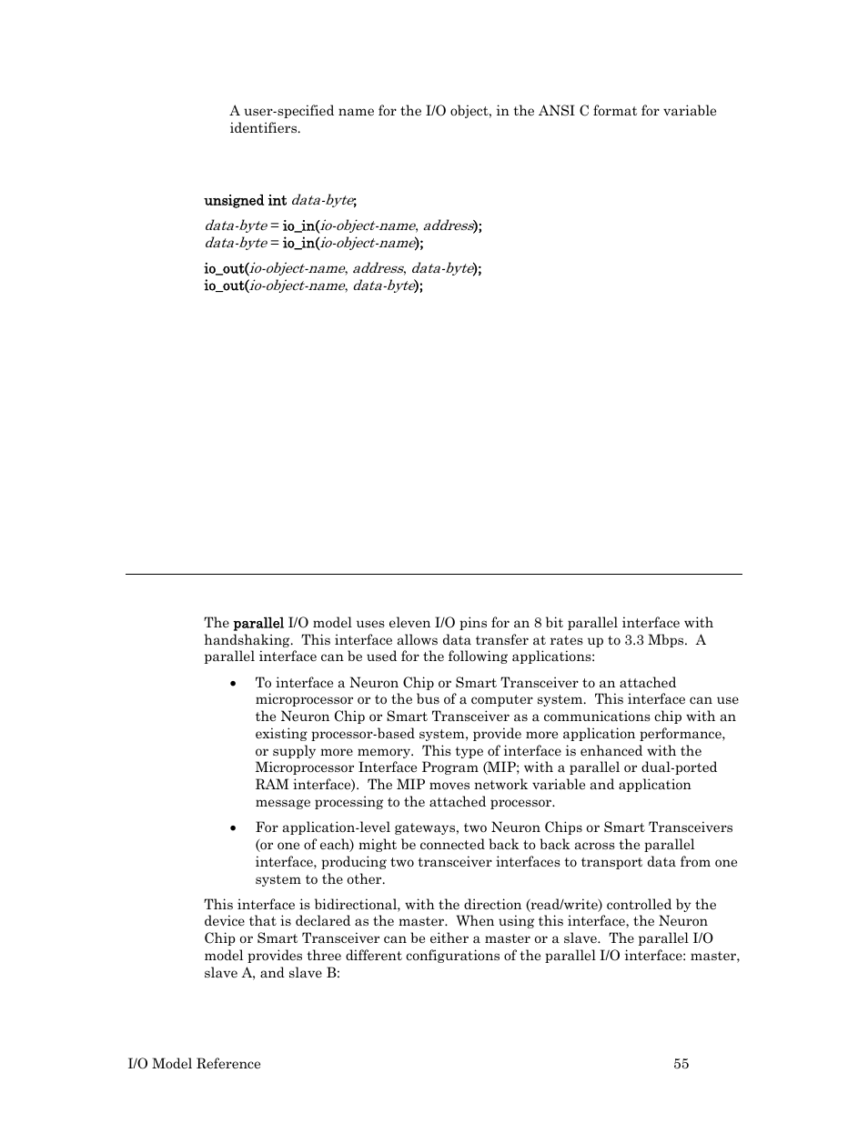 Parallel input/output, Usage, Example | Echelon I/O Model Reference for Smart Transceivers and Neuron Chips User Manual | Page 65 / 209