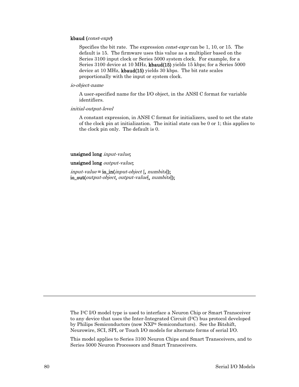 I2c input/output, Usage, Bitshift input example | Bitshift output example | Echelon I/O Model Reference for Smart Transceivers and Neuron Chips User Manual | Page 90 / 209