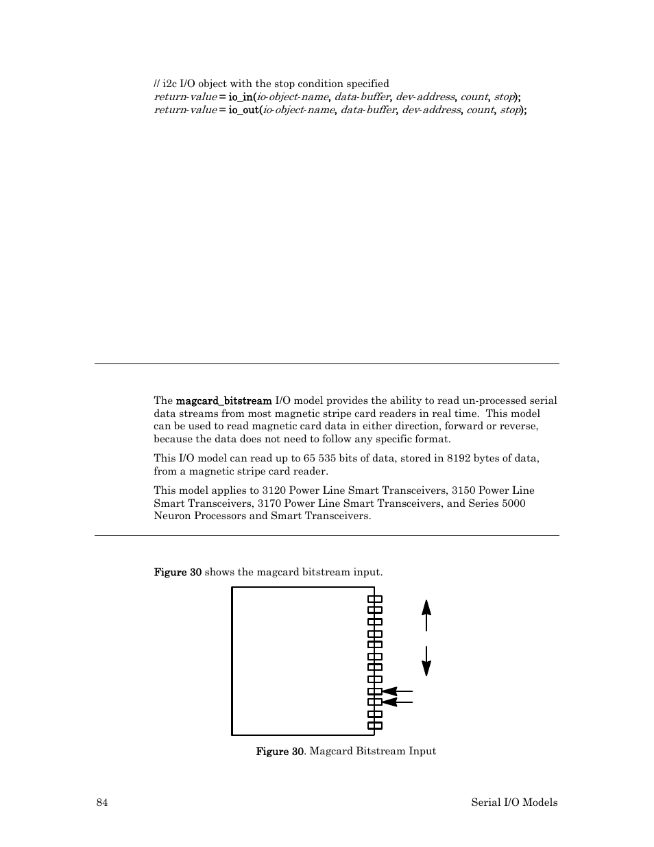 Magcard bitstream input, Hardware considerations, Example | Echelon I/O Model Reference for Smart Transceivers and Neuron Chips User Manual | Page 94 / 209