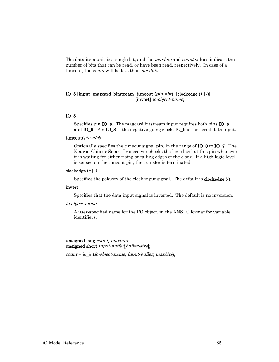 Programming considerations, Syntax, Usage | Example | Echelon I/O Model Reference for Smart Transceivers and Neuron Chips User Manual | Page 95 / 209