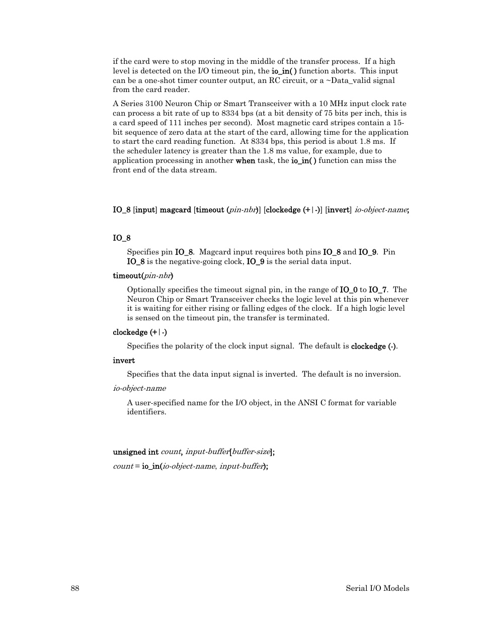 Syntax, Usage, Example | Echelon I/O Model Reference for Smart Transceivers and Neuron Chips User Manual | Page 98 / 209