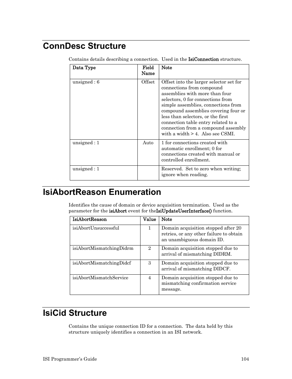 Conndesc structure, Isiabortreason enumeration, Isicid structure | Echelon ISI User Manual | Page 106 / 159