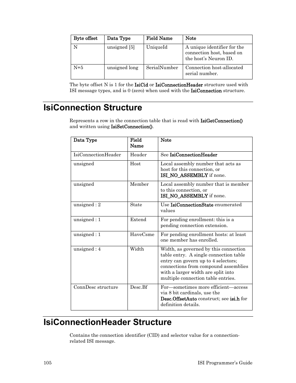 Isiconnection structure, Isiconnectionheader structure | Echelon ISI User Manual | Page 107 / 159