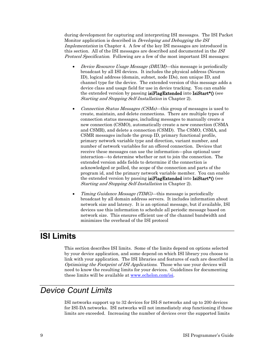 Isi limits, Device count limits | Echelon ISI User Manual | Page 11 / 159