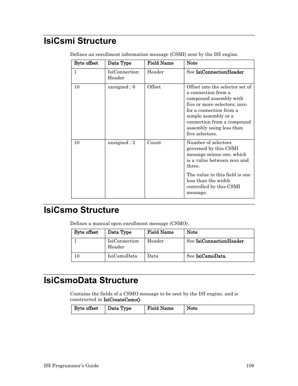 Isicsmi structure, Isicsmo structure, Isicsmodata structure | Echelon ISI User Manual | Page 110 / 159