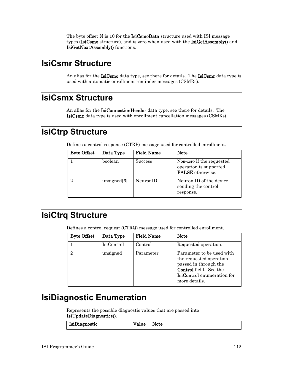 Isicsmr structure, Isicsmx structure, Isictrp structure | Isictrq structure, Isidiagnostic enumeration | Echelon ISI User Manual | Page 114 / 159