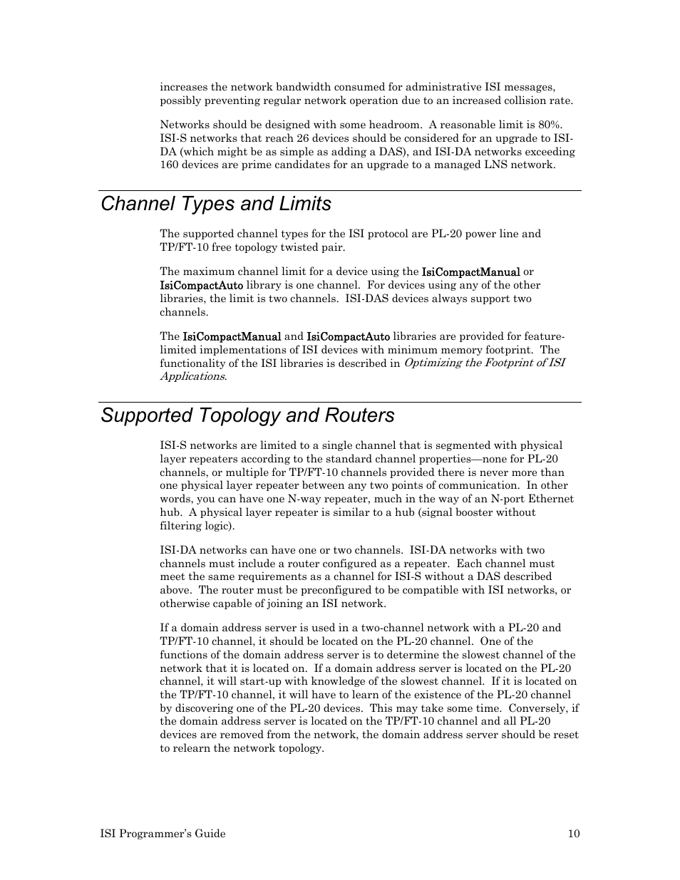 Channel types and limits, Supported topology and routers | Echelon ISI User Manual | Page 12 / 159