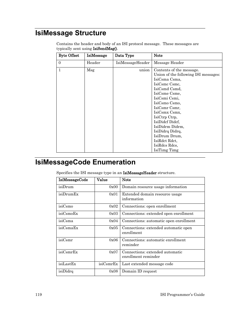 Isimessage structure, Isimessagecode enumeration | Echelon ISI User Manual | Page 121 / 159