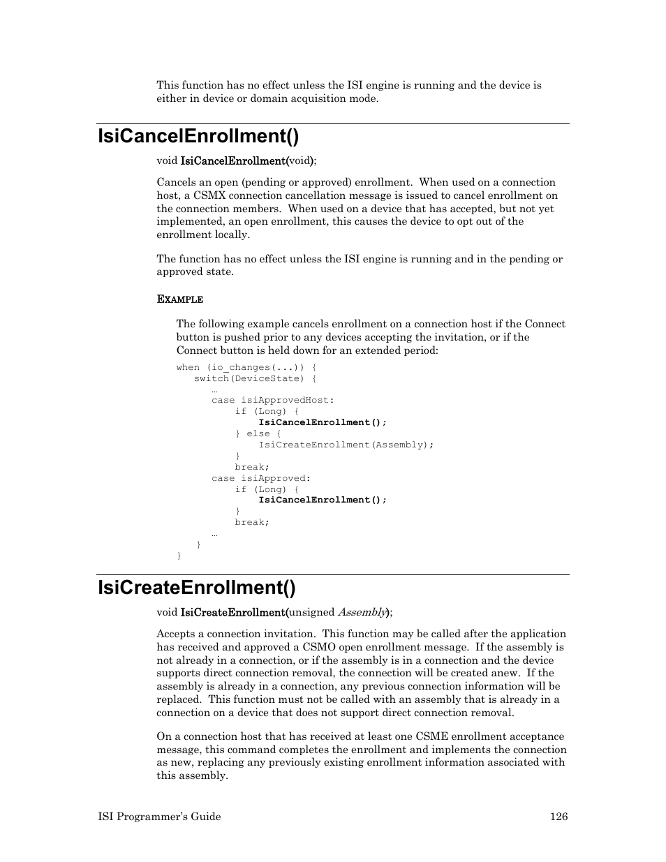 Isicancelenrollment(), Isicreateenrollment() | Echelon ISI User Manual | Page 128 / 159