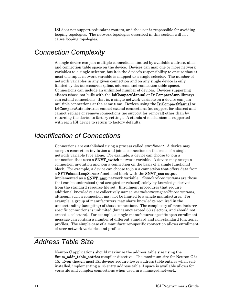 Connection complexity, Identification of connections, Address table size | Echelon ISI User Manual | Page 13 / 159