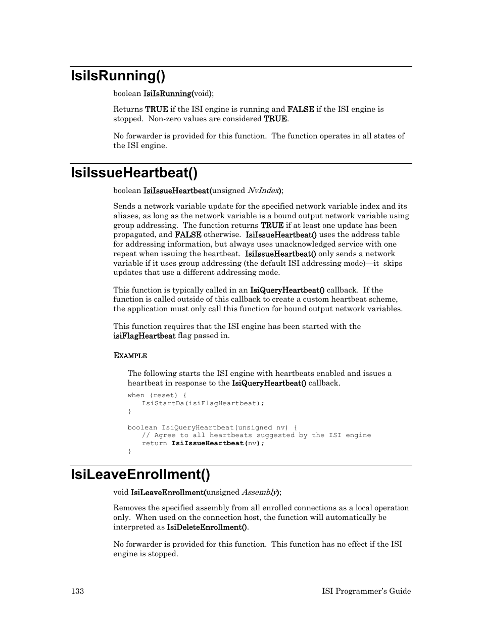 Isiisrunning(), Isiissueheartbeat(), Isileaveenrollment() | Echelon ISI User Manual | Page 135 / 159