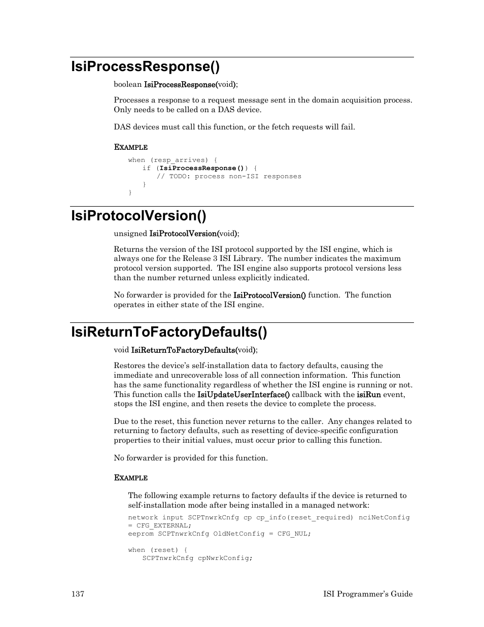 Isiprocessresponse(), Isiprotocolversion(), Isireturntofactorydefaults() | Echelon ISI User Manual | Page 139 / 159