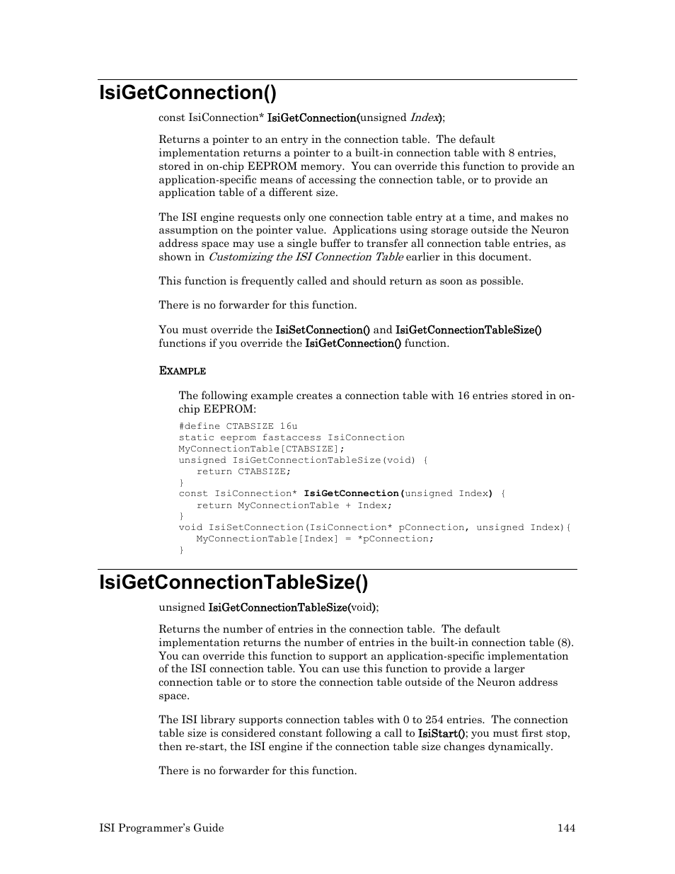 Isigetconnection(), Isigetconnectiontablesize() | Echelon ISI User Manual | Page 146 / 159