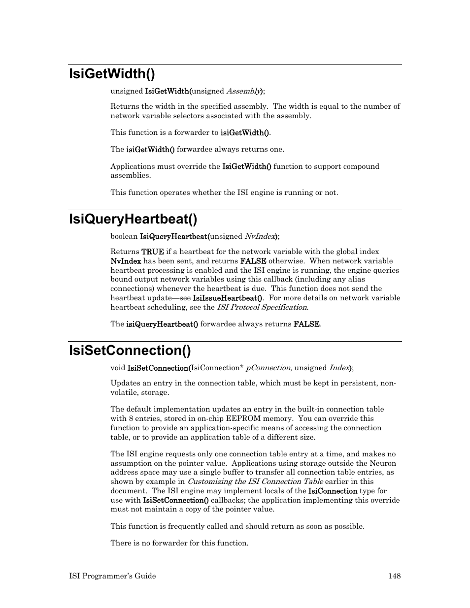 Isigetwidth(), Isiqueryheartbeat(), Isisetconnection() | Echelon ISI User Manual | Page 150 / 159