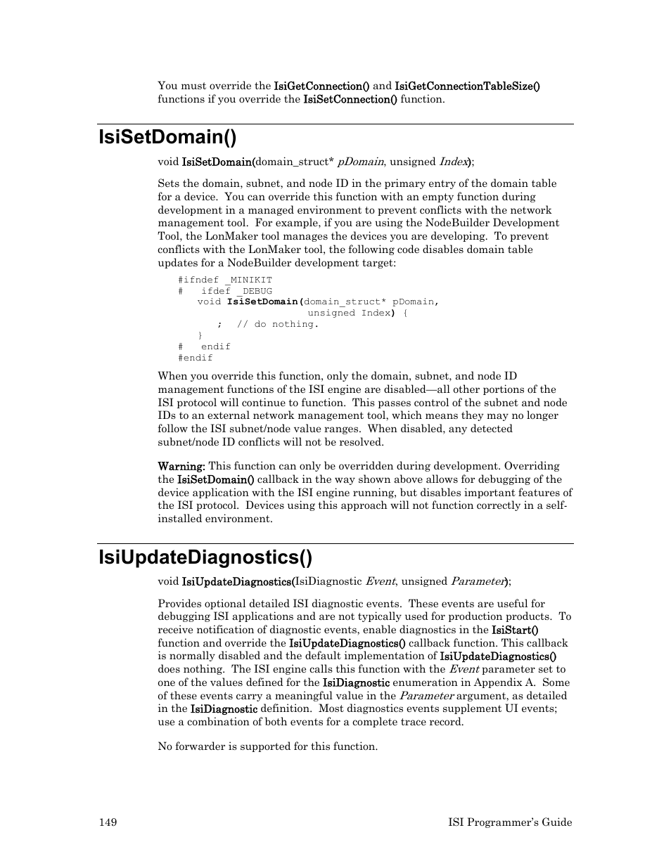 Isisetdomain(), Isiupdatediagnostics() | Echelon ISI User Manual | Page 151 / 159