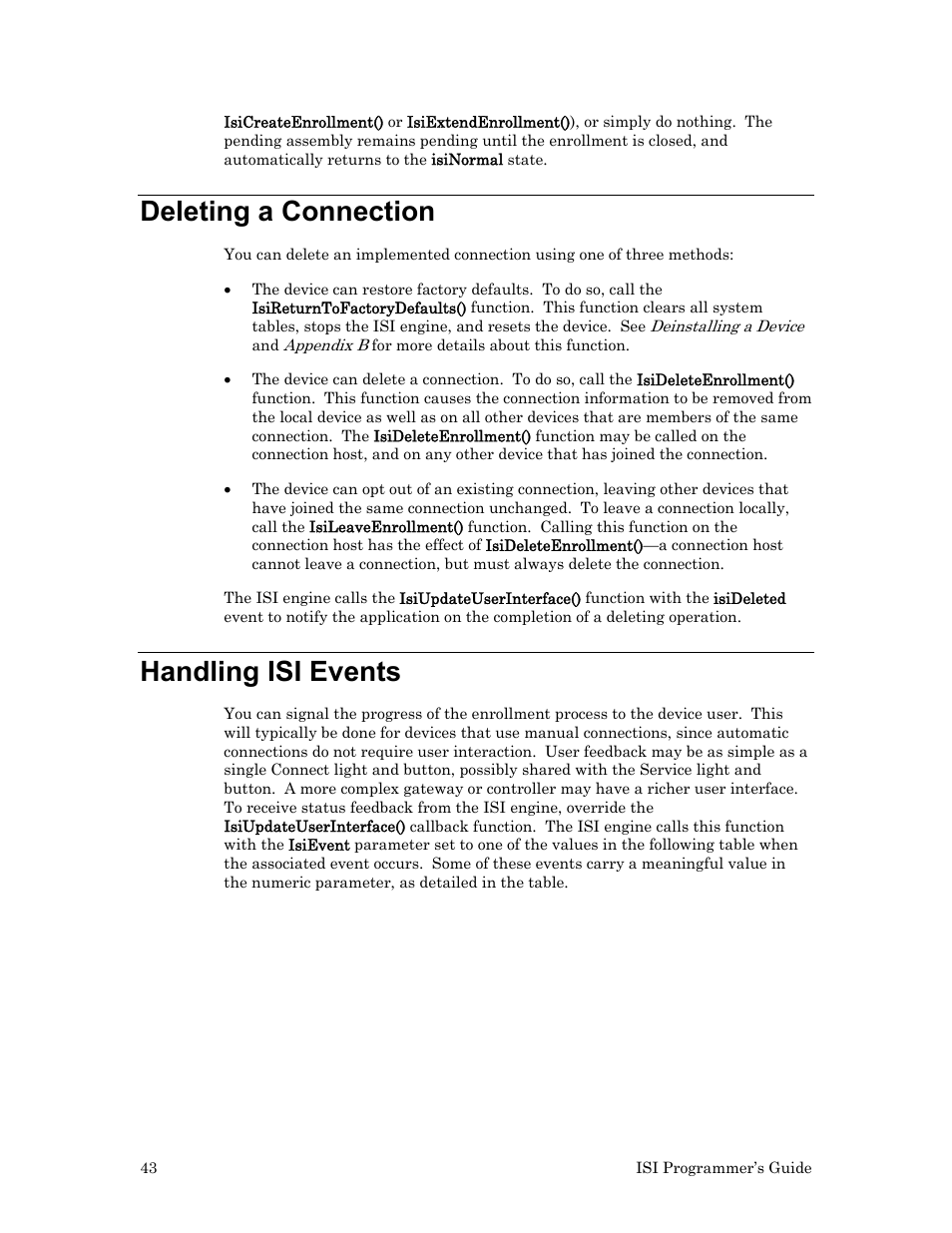 Deleting a connection, Handling isi events | Echelon ISI User Manual | Page 45 / 159