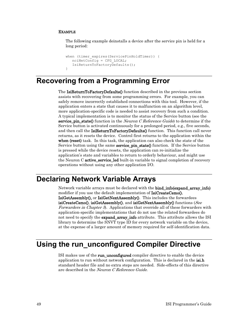 Recovering from a programming error, Declaring network variable arrays, Using the run_unconfigured compiler directive | Echelon ISI User Manual | Page 51 / 159