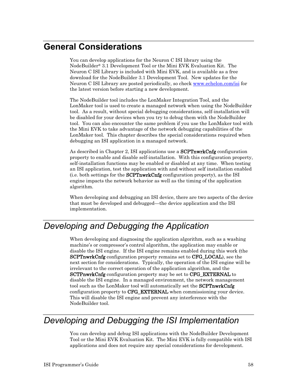 General considerations, Developing and debugging the application, Developing and debugging the isi implementation | Echelon ISI User Manual | Page 60 / 159