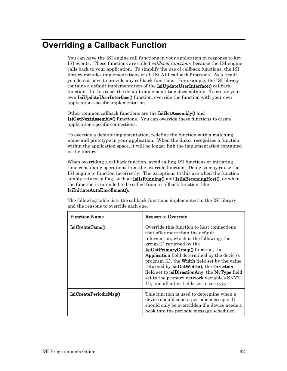 Overriding a callback function | Echelon ISI User Manual | Page 64 / 159