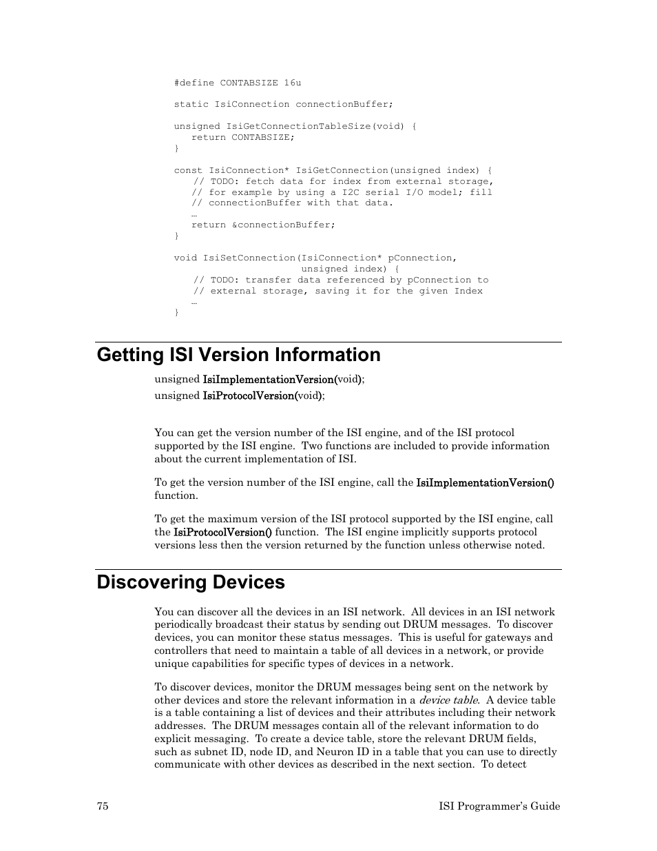 Getting isi version information, Discovering devices | Echelon ISI User Manual | Page 77 / 159