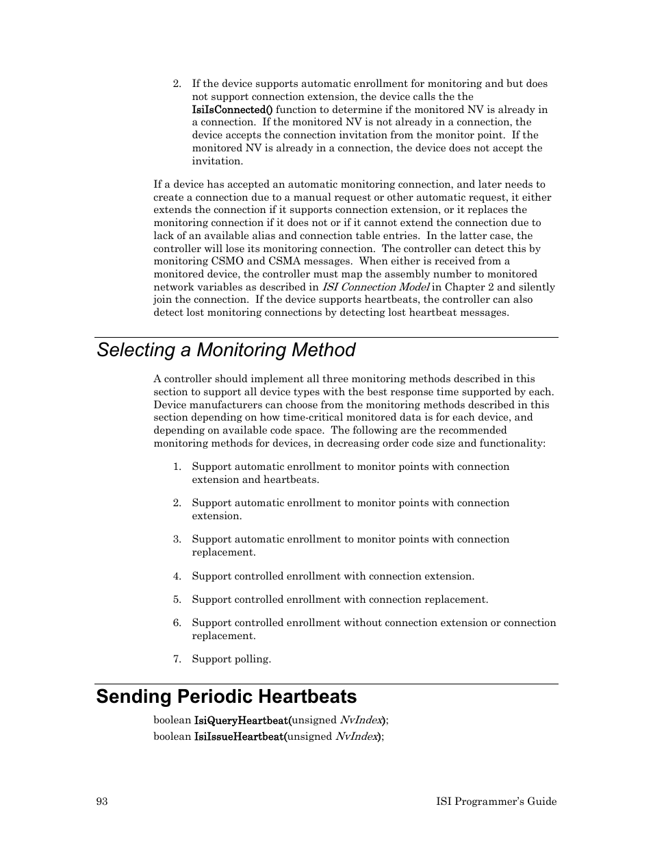 Selecting a monitoring method, Sending periodic heartbeats | Echelon ISI User Manual | Page 95 / 159