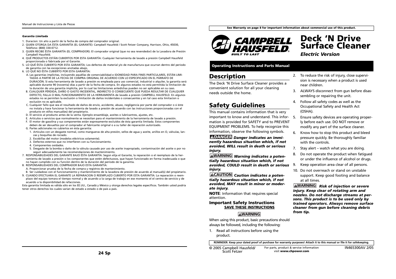 Campbell Hausfeld DECK `N DRIVE IN465300AV User Manual | 12 pages
