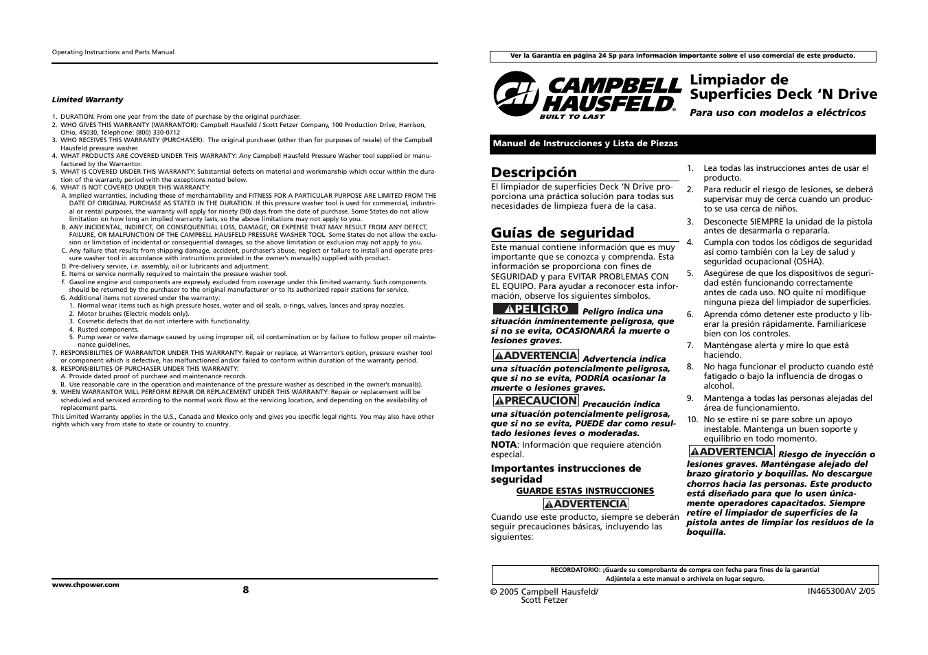 Limpiador de superficies deck ‘n drive, Descripción, Guías de seguridad | Peligro | Campbell Hausfeld DECK `N DRIVE IN465300AV User Manual | Page 8 / 12