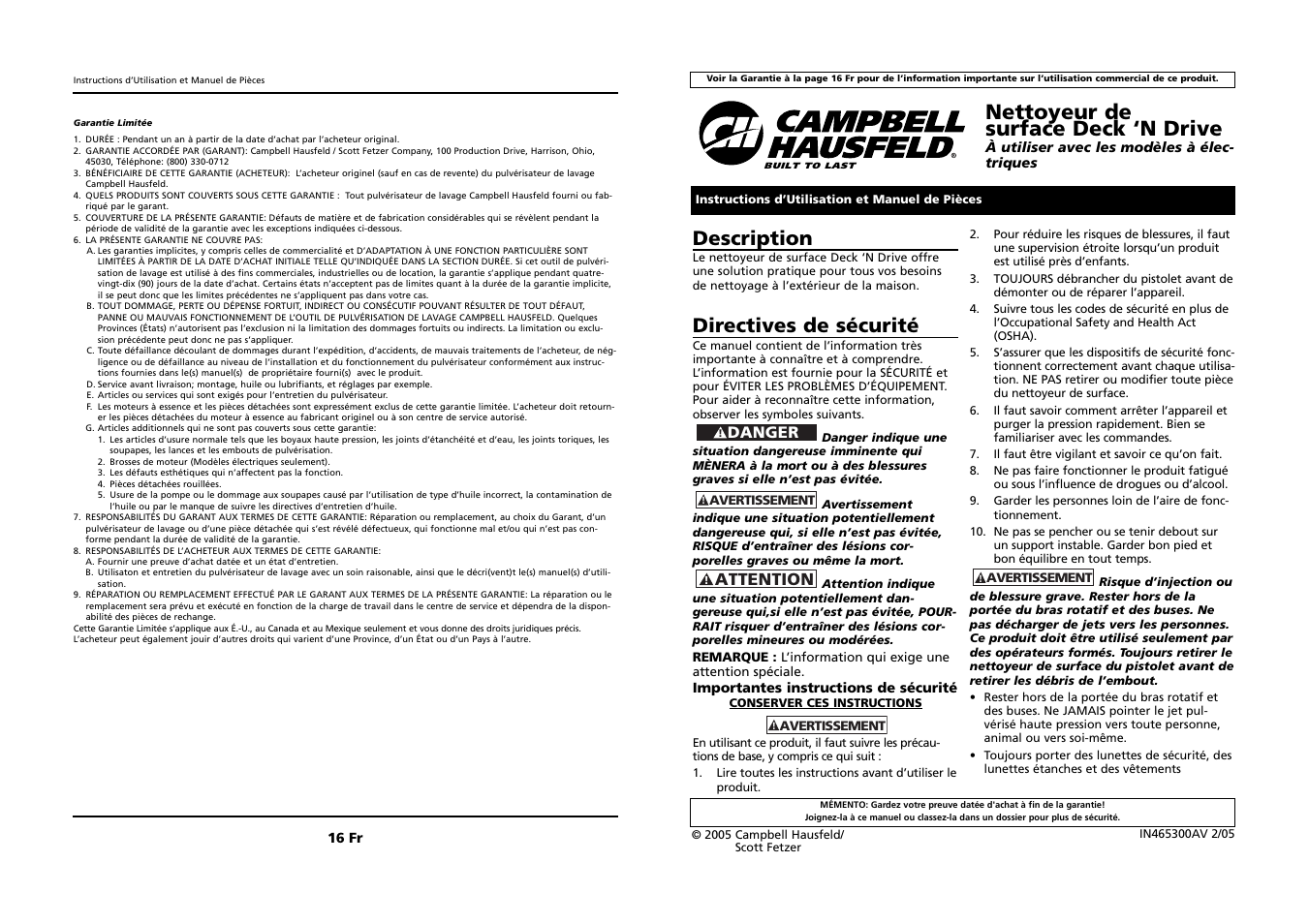 Nettoyeur de surface deck ‘n drive, Description, Directives de sécurité | Attention | Campbell Hausfeld DECK `N DRIVE IN465300AV User Manual | Page 9 / 12