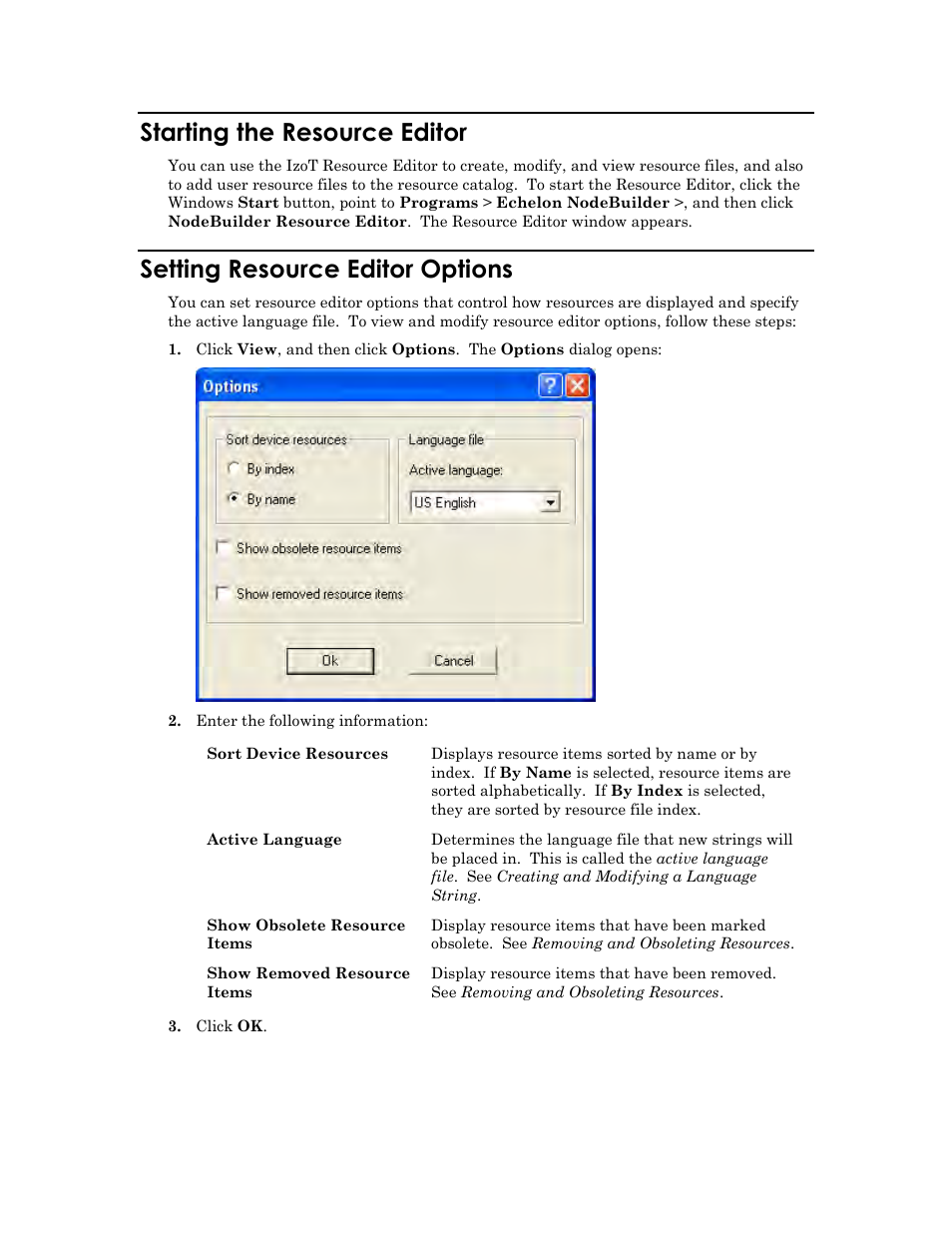 Starting the resource editor, Setting resource editor options | Echelon IzoT Resource Editos User Manual | Page 15 / 90