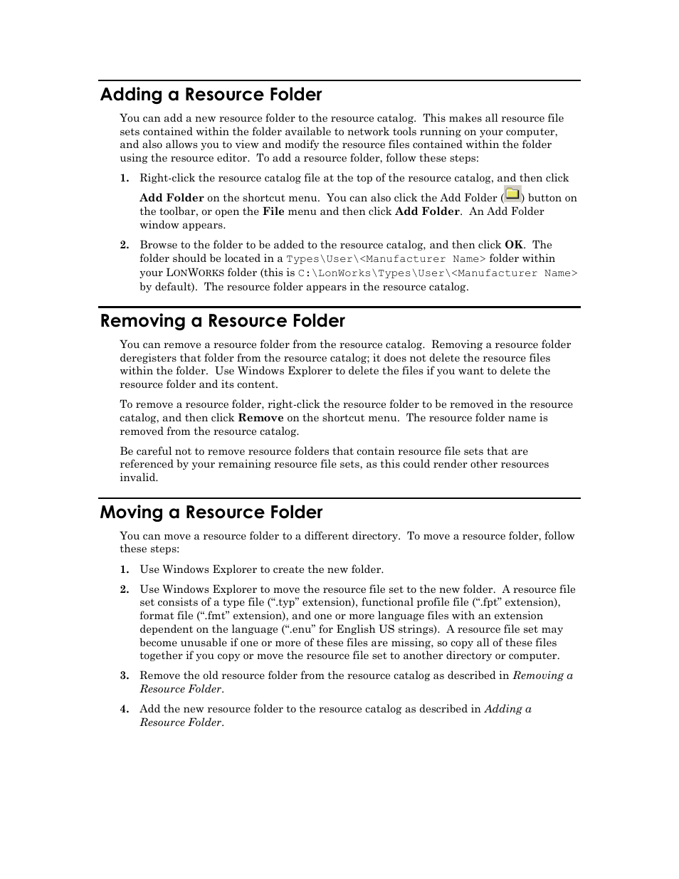 Adding a resource folder, Removing a resource folder, Invalid.moving a resource folder | Moving a resource folder | Echelon IzoT Resource Editos User Manual | Page 20 / 90