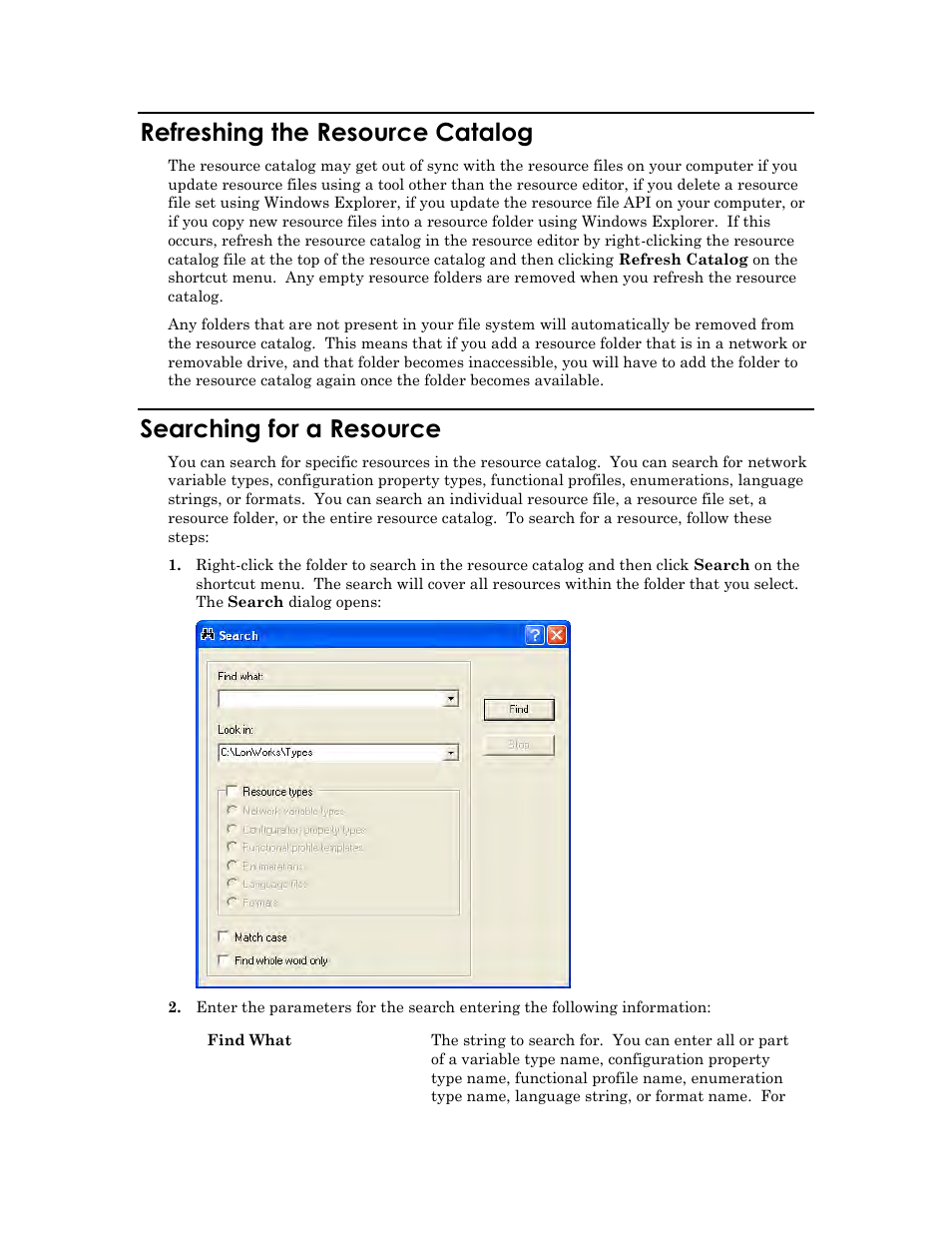 Refreshing the resource catalog, Searching for a resource | Echelon IzoT Resource Editos User Manual | Page 21 / 90