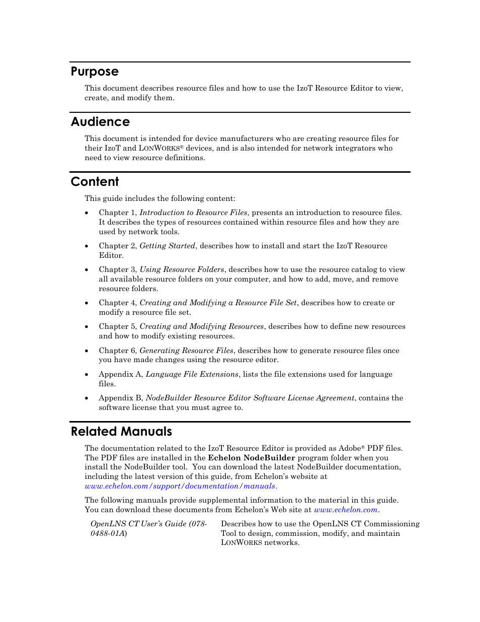 Purpose, Audience, Content | Related manuals | Echelon IzoT Resource Editos User Manual | Page 6 / 90