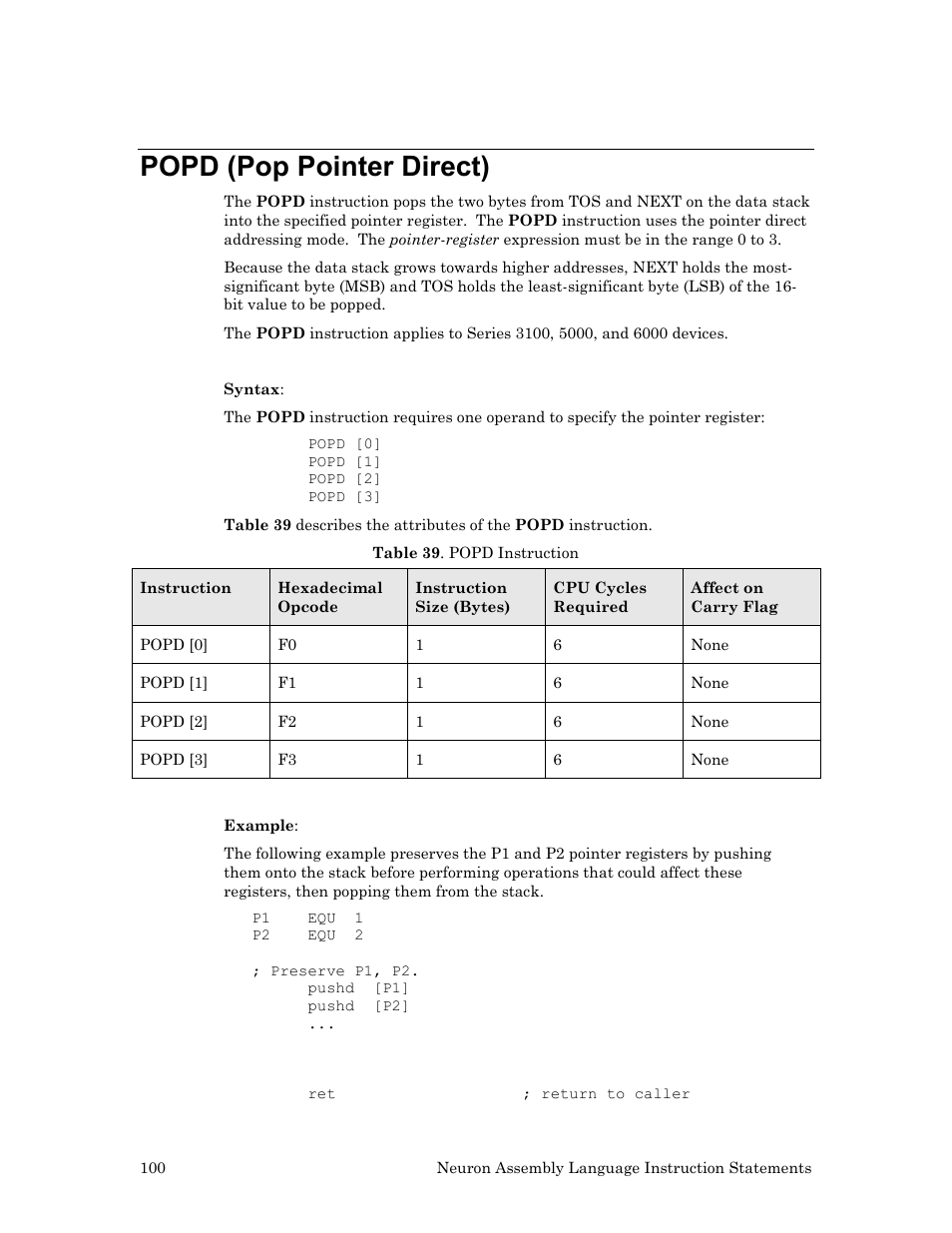 Popd (pop pointer direct) | Echelon Neuron User Manual | Page 110 / 237