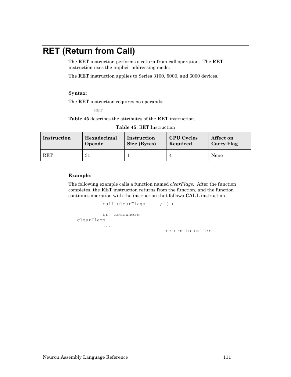 Ret (return from call) | Echelon Neuron User Manual | Page 121 / 237