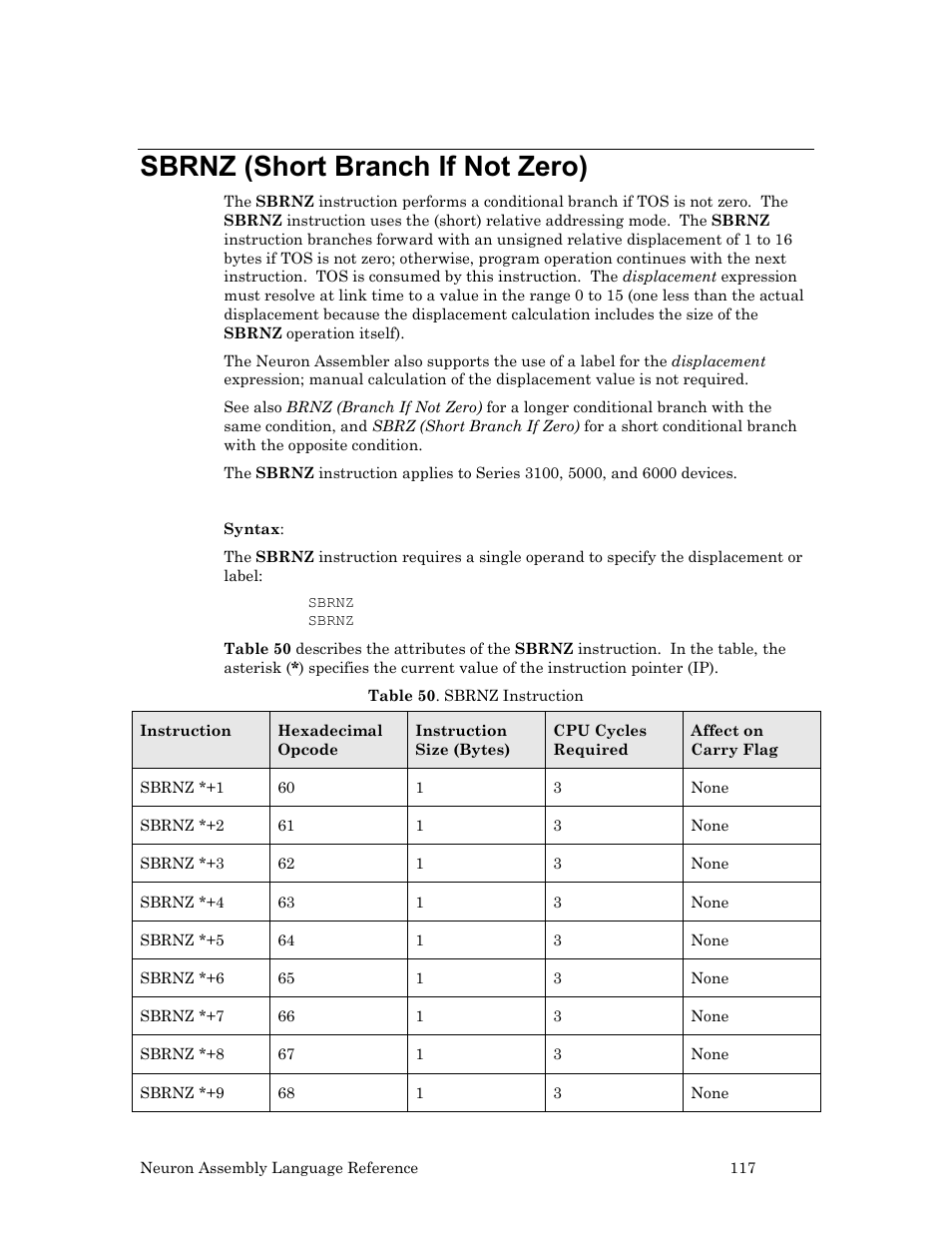 Sbrnz (short branch if not zero) | Echelon Neuron User Manual | Page 127 / 237