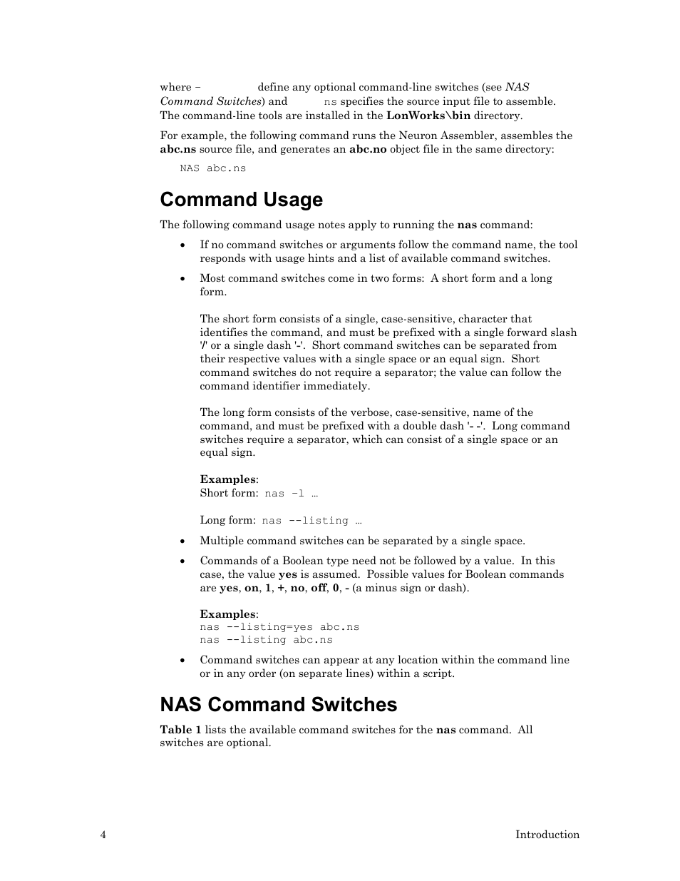 Command usage, Nas command switches | Echelon Neuron User Manual | Page 14 / 237