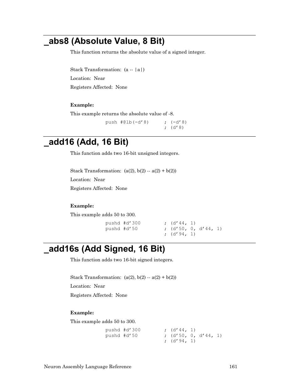 Abs8 (absolute value, 8 bit), Add16 (add, 16 bit), Add16s (add signed, 16 bit) | Echelon Neuron User Manual | Page 171 / 237